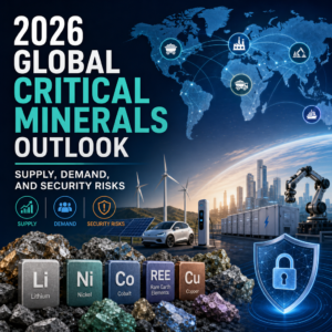Chart of global critical minerals outlook showing supply, demand, and security risks for lithium, nickel, cobalt, rare earths