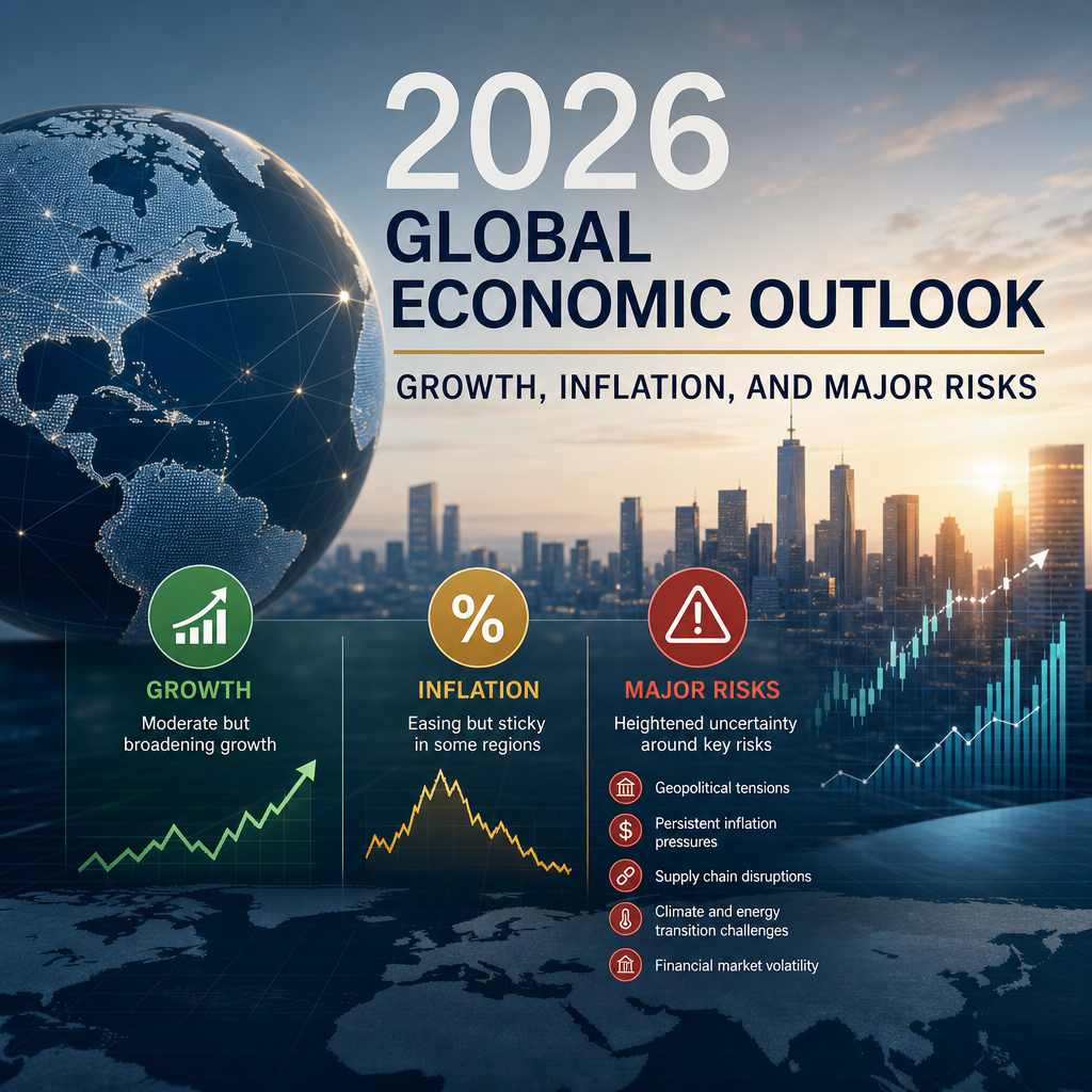 Chart showing the 2026 global economic outlook: growth, cooling inflation, and risks from geopolitics and supply chains