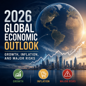 World map and city skyline illustrating the 2026 global economic outlook, growth, inflation, and risks