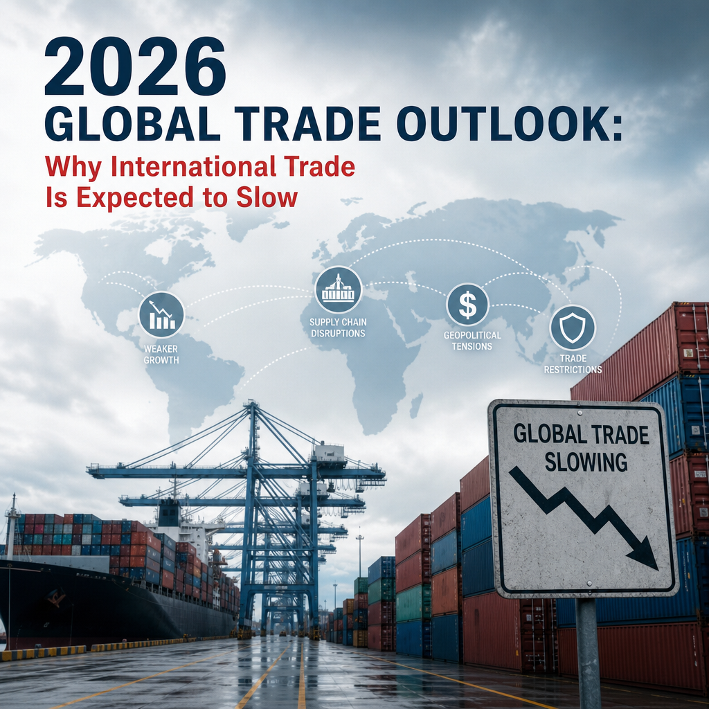 Global trade outlook graphic showing slowing international trade from weaker demand, supply chain disruptions, and geopolitic