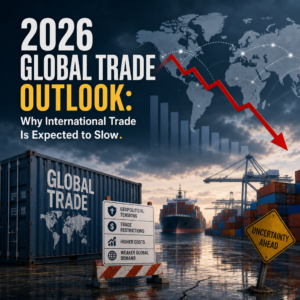 Global trade outlook showing a slowdown from geopolitical tensions, trade restrictions, higher costs, and weaker demand