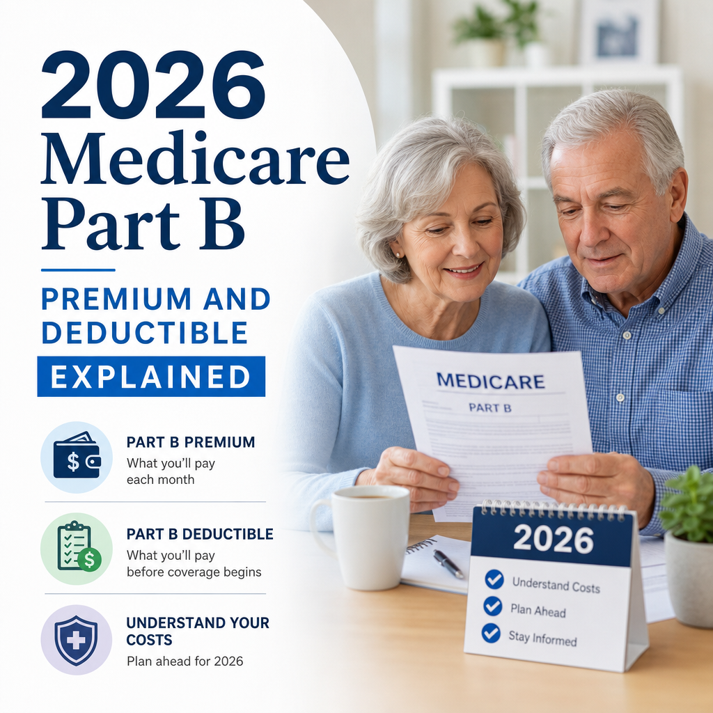 Illustration of 2026 Medicare Part B premium and deductible with budgeting tips for retirement health costs