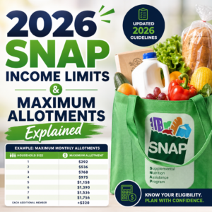 Chart explaining 2026 SNAP income limits and maximum monthly benefit amounts