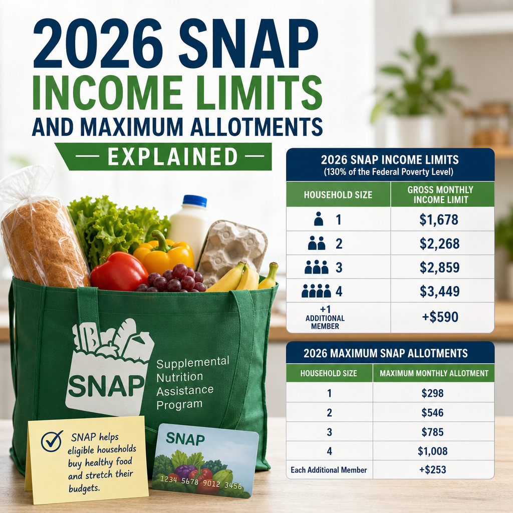 Chart showing 2026 SNAP income limits and maximum allotments by household size and income details