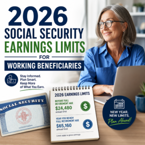 Infographic on 2026 Social Security earnings limits for working beneficiaries, with retirement income planning tips