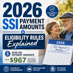 Graphic about 2026 SSI payment amounts, eligibility rules, and key updates for Supplemental Security Income recipients.