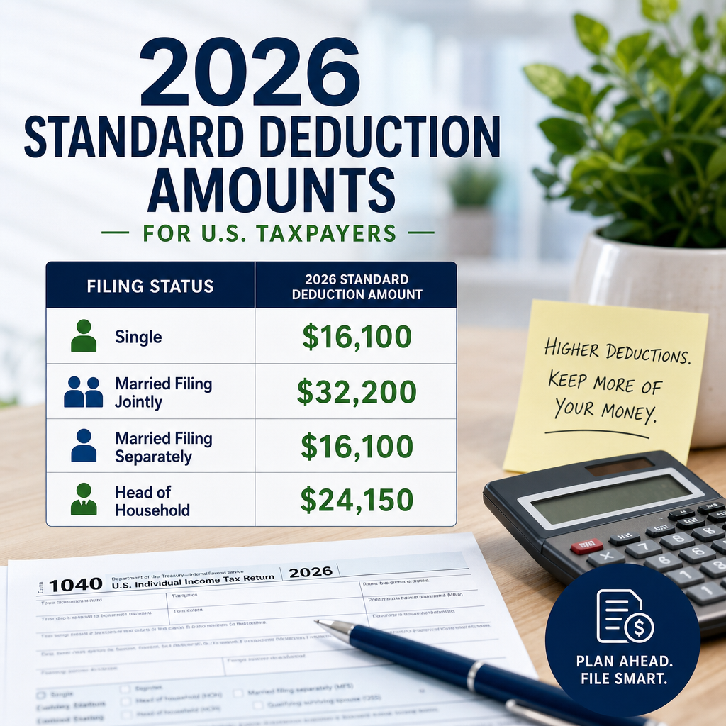 2026 U.S. standard deduction amounts by filing status with a tax planning reminder