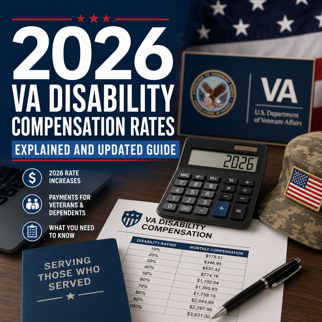 Calculator, military cap, and veterans benefits documents illustrating 2026 VA disability compensation rates guide