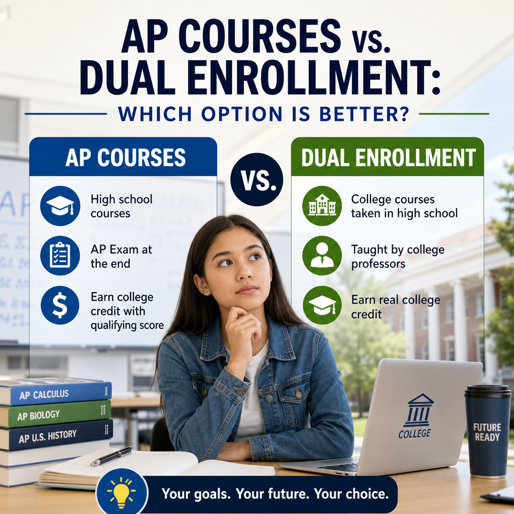 Comparison infographic of AP courses vs dual enrollment for high school and college credit benefits