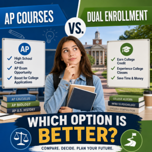 Comparison chart of AP courses vs. dual enrollment for high school students planning college credit