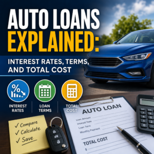 Auto loans infographic showing interest rates, loan terms, monthly payments, and total cost considerations