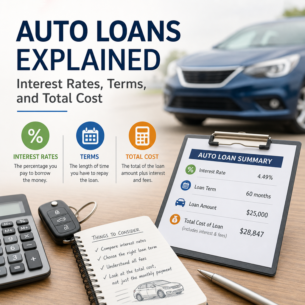 Infographic showing auto loan interest rates, loan terms, monthly payments, and total cost comparison