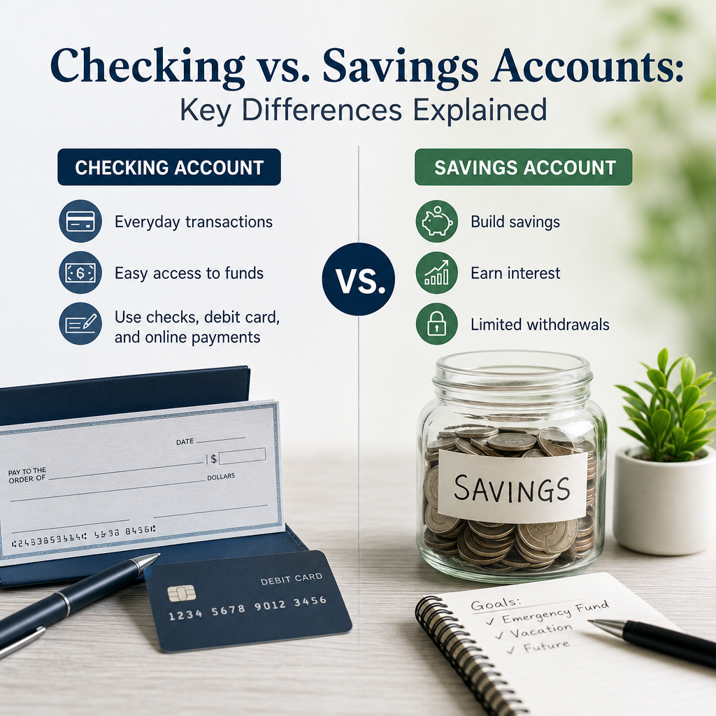 Comparison infographic showing key differences between checking and savings accounts for managing money