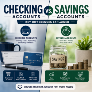 Comparison infographic of checking and savings accounts for managing everyday spending and saving goals