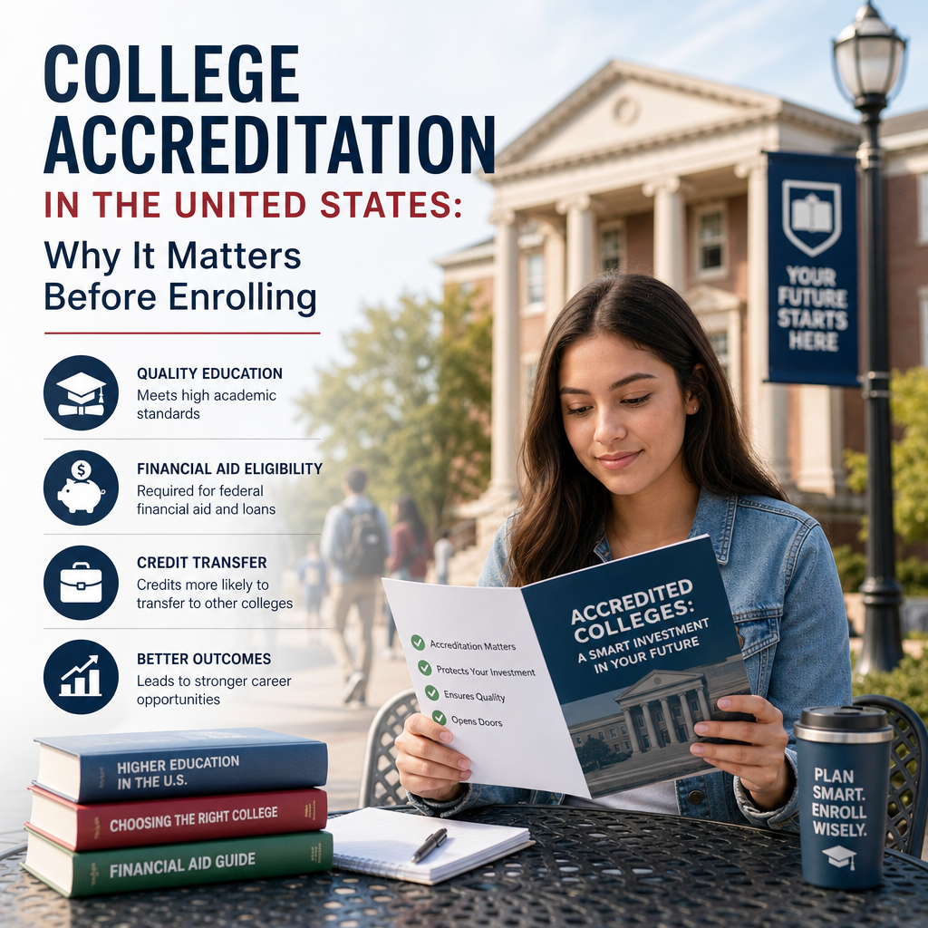 Young woman reading a guide on accredited colleges during a university visit in the U.S.