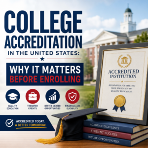 Illustration of college accreditation with a diploma, checkmark, and U.S. campus buildings