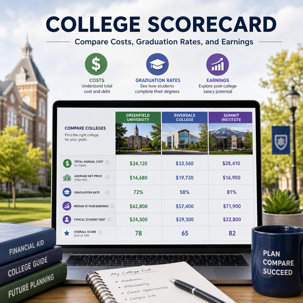 College Scorecard infographic comparing college costs, graduation rates, debt, and earnings at different universities