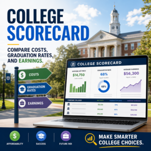 College Scorecard infographic comparing college costs, graduation rates, debt, and earnings for college comparison
