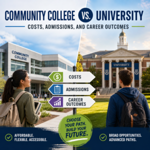 Side-by-side comparison of community college vs. university costs, admissions, and career outcomes