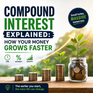 Illustration of compound interest growth with coins and seedlings showing savings growing over time