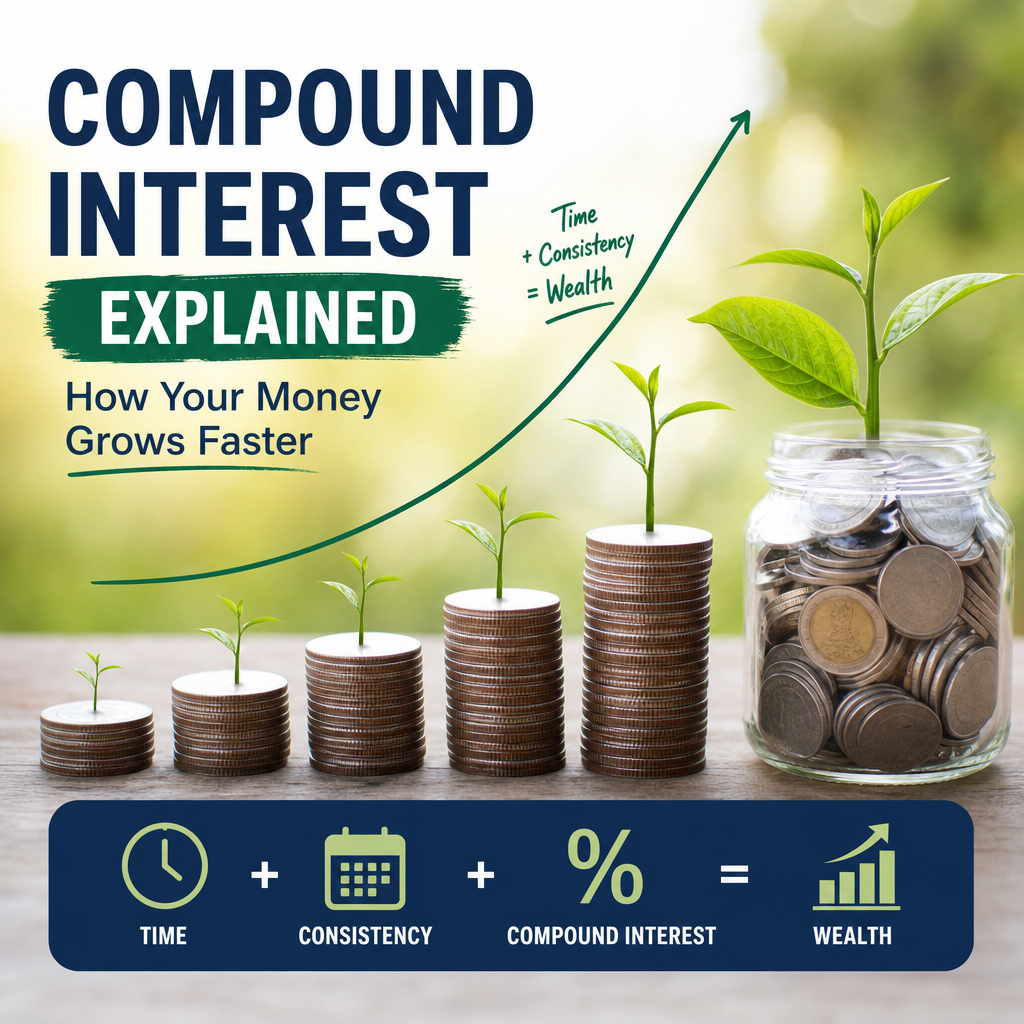 Illustration of compound interest showing money growing faster over time through reinvested earnings