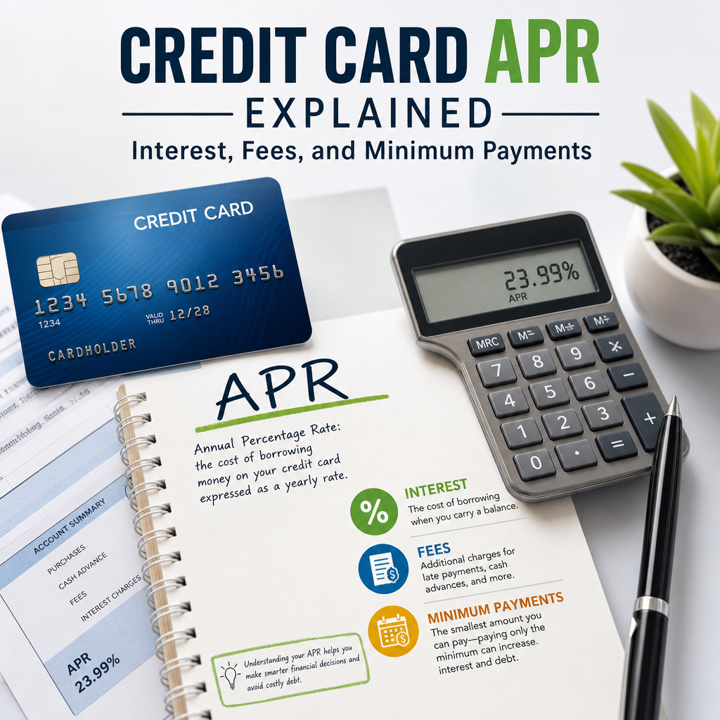Illustration of credit card APR, showing interest charges, fees, and minimum payments on a card balance