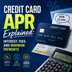 Credit card APR infographic showing interest, fees, and minimum payments affecting debt balance
