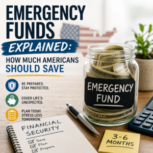 Illustration of a jar labeled emergency fund with coins and savings tips for financial security