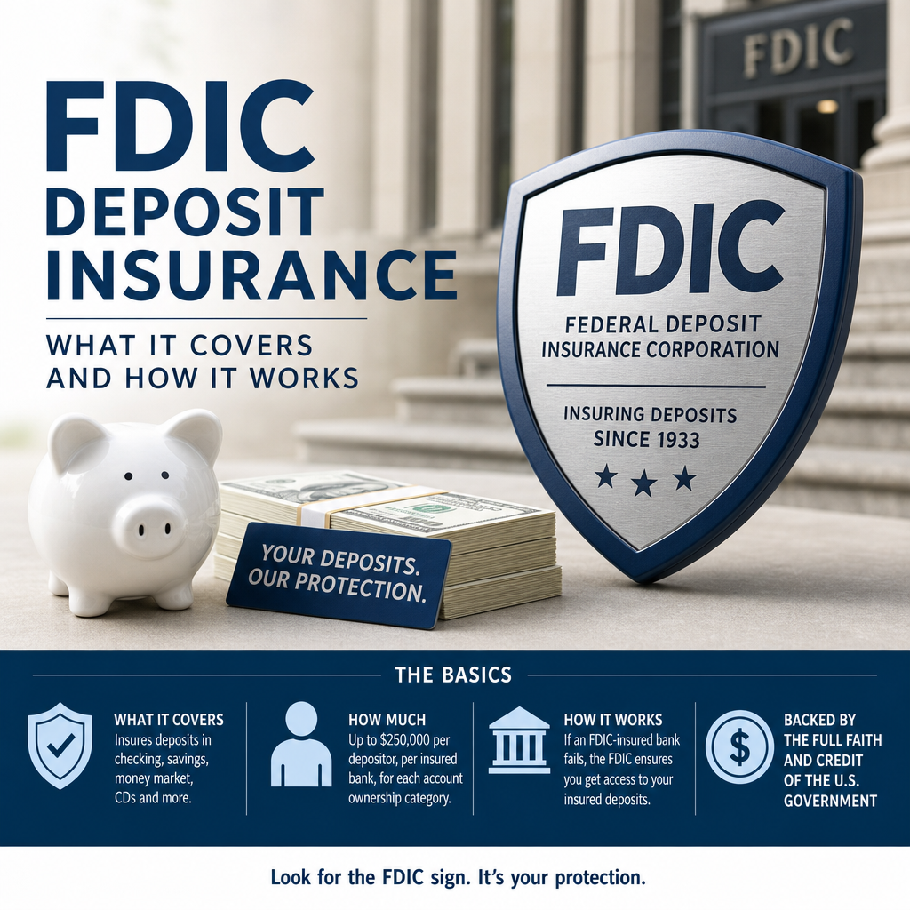 Illustration of FDIC deposit insurance coverage, showing protected bank deposits and coverage limits