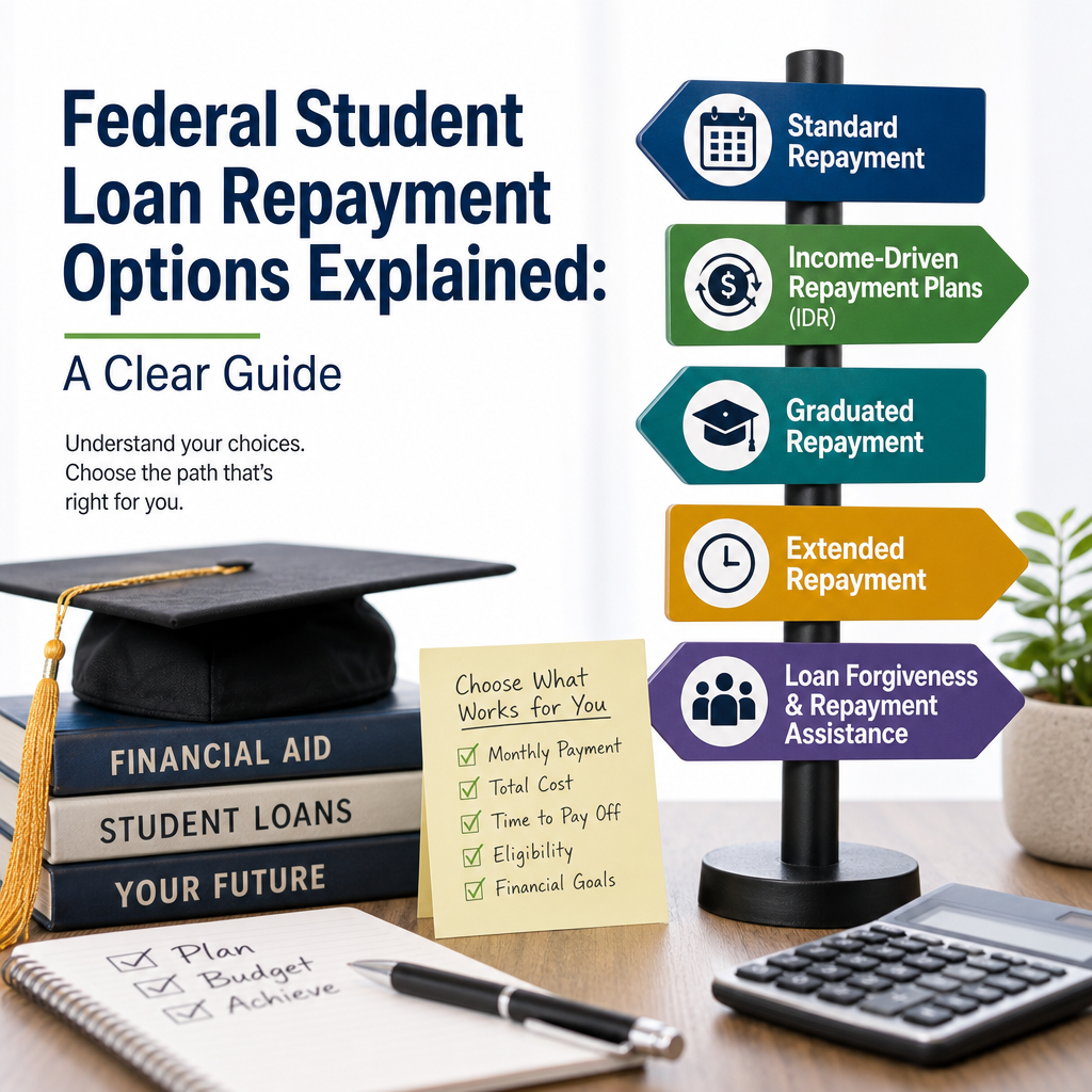 Infographic showing federal student loan repayment options: standard, income-driven, graduated, extended, and forgiveness ass