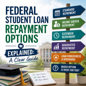 Infographic showing federal student loan repayment options: standard, income-driven, extended, graduated, and forgiveness