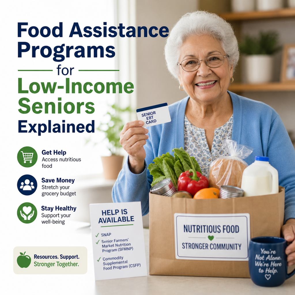 Smiling senior woman holding a care card with fresh groceries and food assistance program info