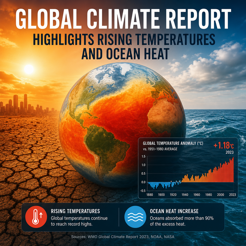 Global climate report graphic showing rising temperatures and ocean heat increase worldwide
