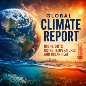 Global climate report graphic showing rising temperatures, ocean heat, sea-level rise, and stronger storms