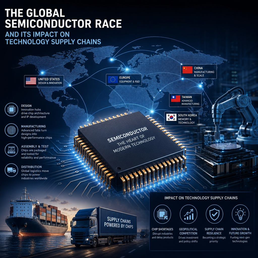 World map showing semiconductor race countries, chip supply chains, and technology icons