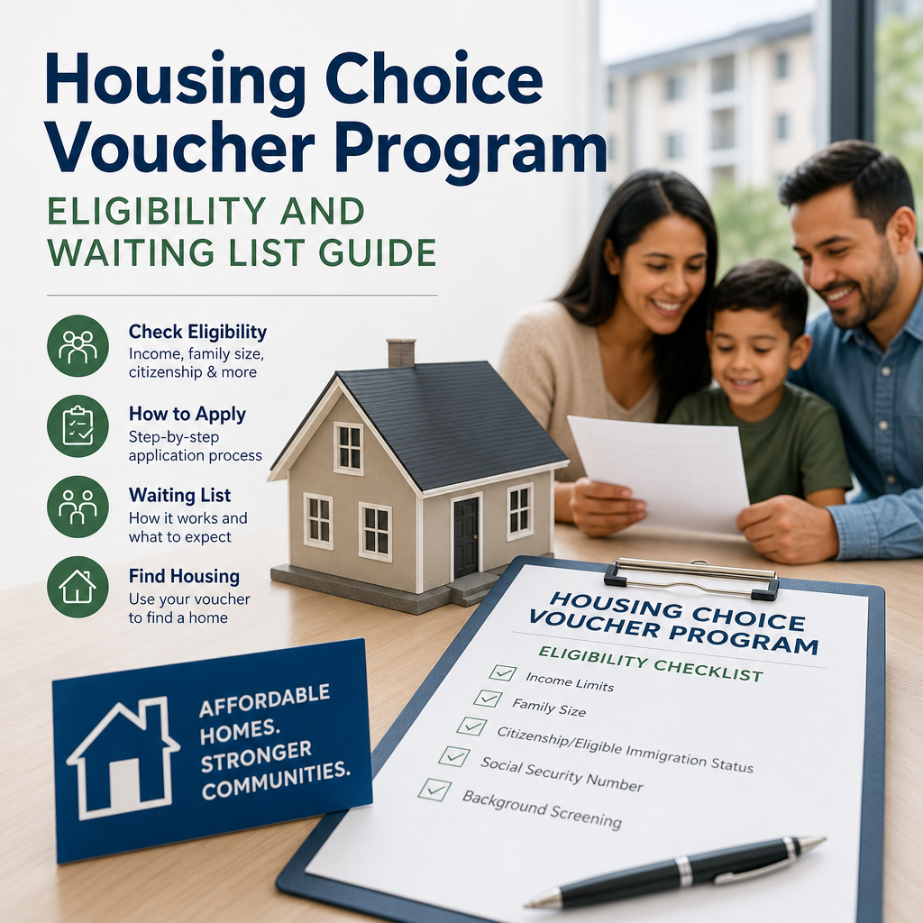 Housing Choice Voucher Program guide with eligibility, application, waiting list, and housing options icons.