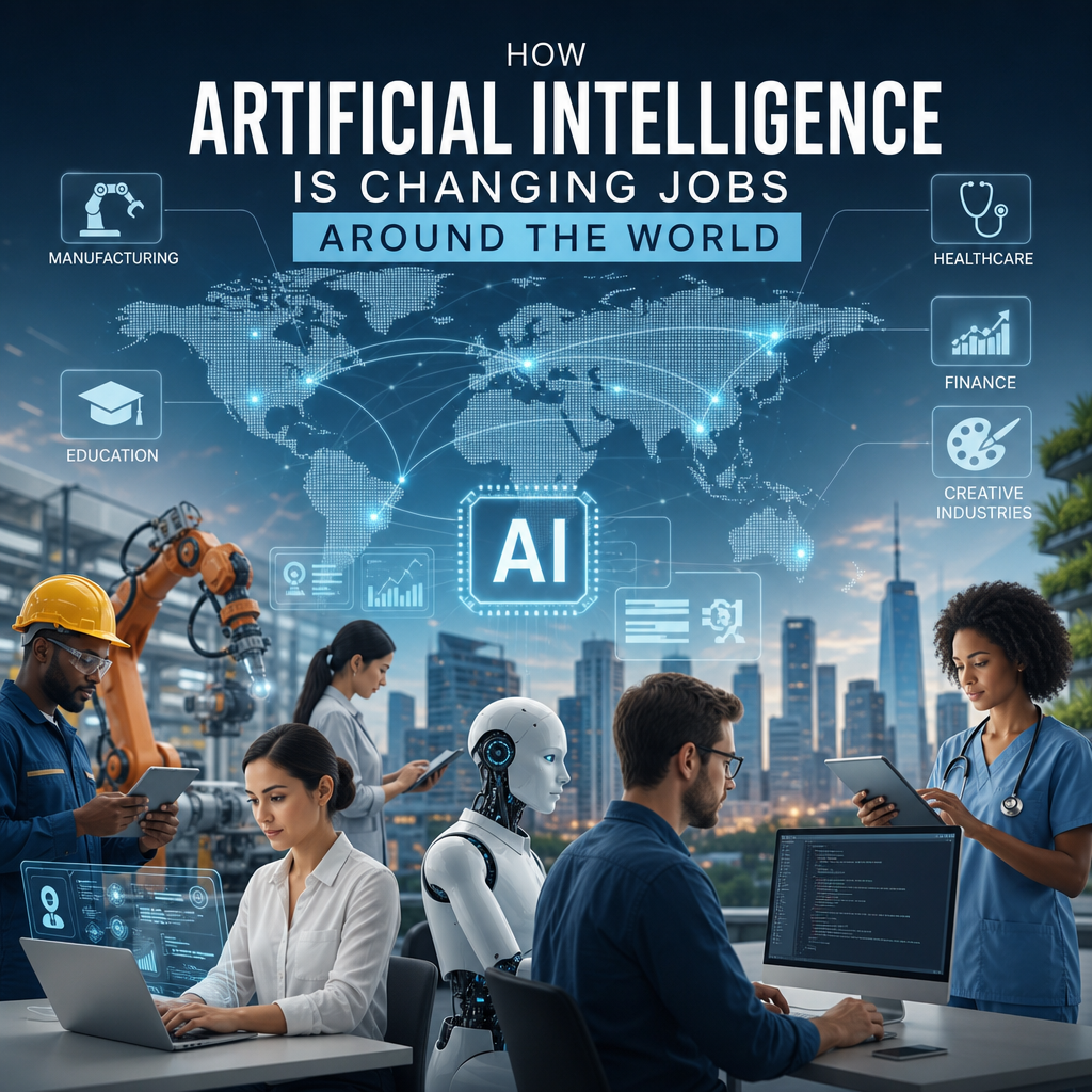 Illustration of AI transforming jobs across industries worldwide, with workers and digital automation icons