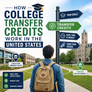 Student with backpack reading signposts about transfer credits and college credit transfer benefits in the U.S.
