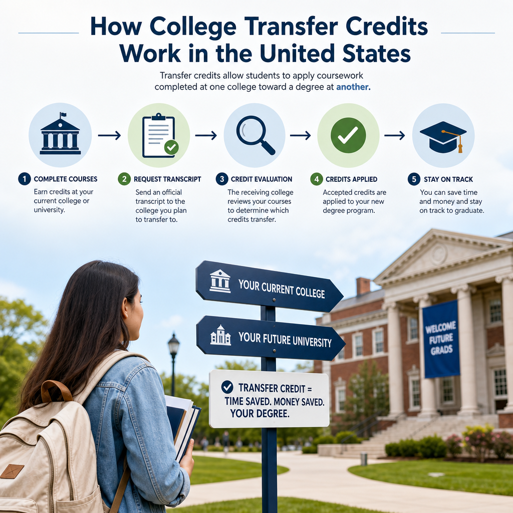 Infographic showing how college transfer credits work in the United States.