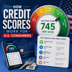 Infographic showing how credit scores work, highlighting a 745 very good score for U.S. consumers