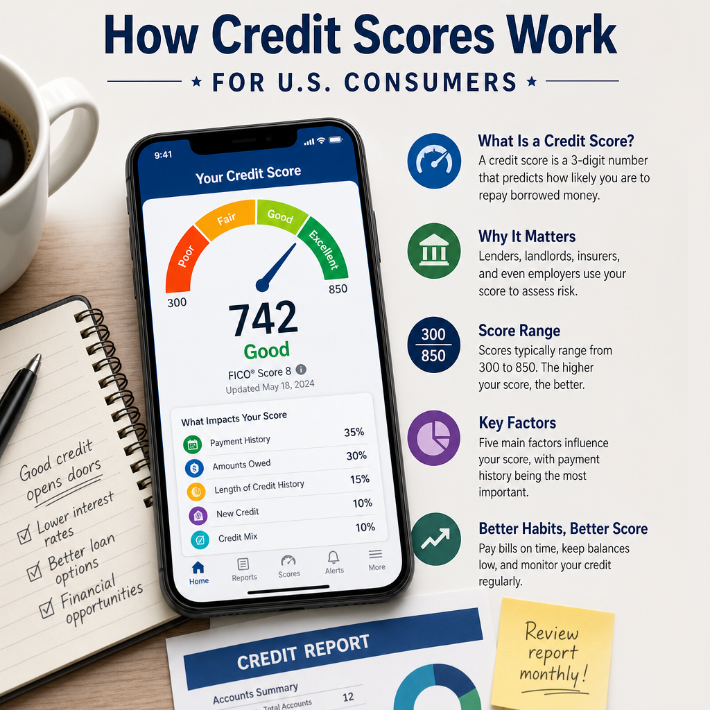 Infographic explaining credit scores for U.S. consumers with a smartphone showing a credit score.
