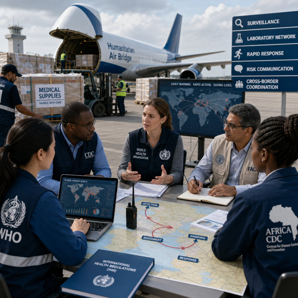 Global health experts coordinating medical supplies and emergency response at an airport air bridge.