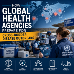 Global health agencies coordinating surveillance, testing, and communication for cross-border disease outbreaks
