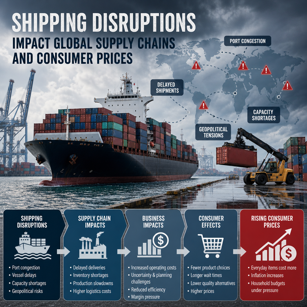 Infographic showing shipping disruptions causing supply chain delays, higher costs, and rising consumer prices worldwide