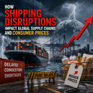 Container ship delayed at port, with cargo cranes and rising price chart showing shipping disruptions worldwide
