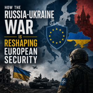 Graphic of Europe with military and geopolitical symbols showing the Russia-Ukraine war reshaping European security