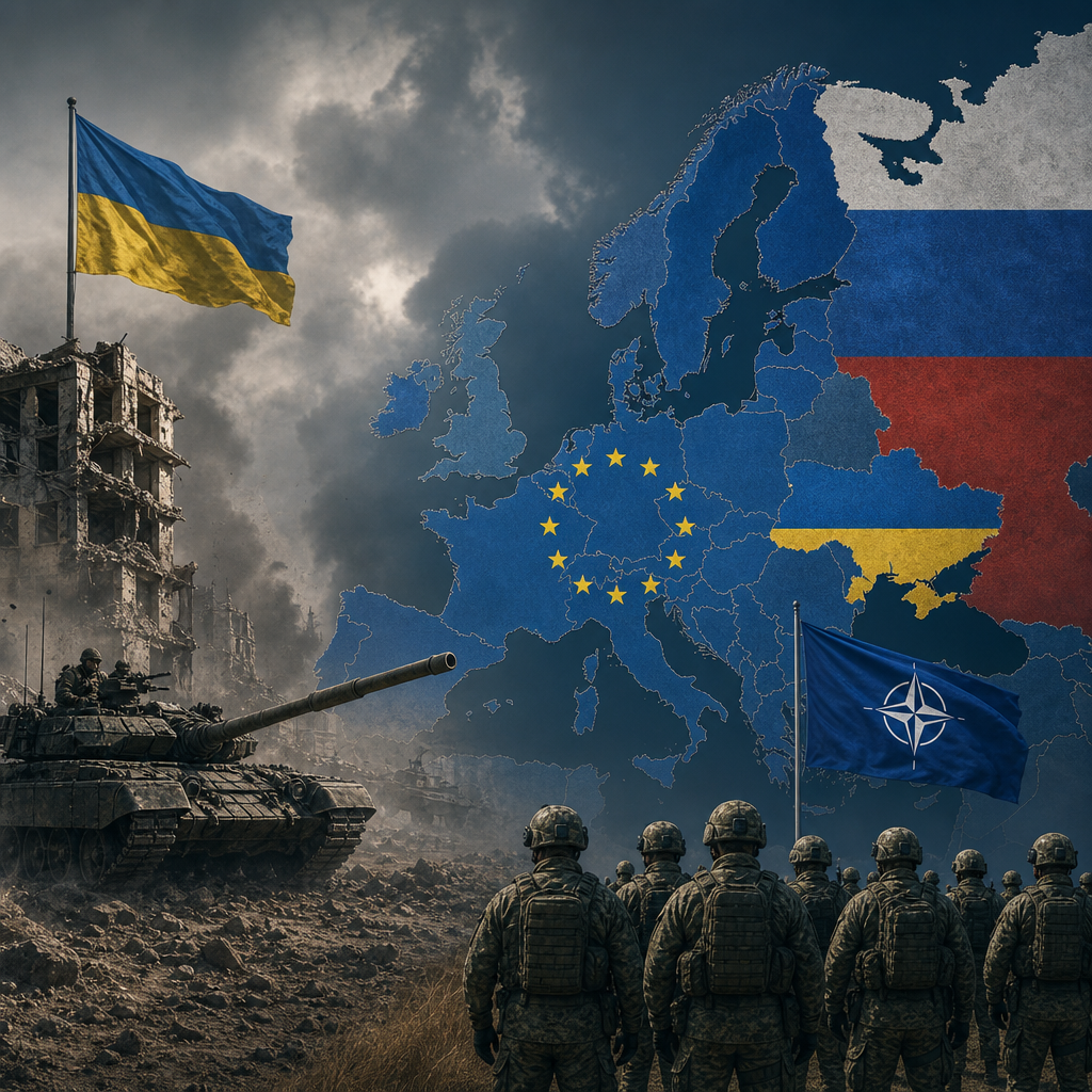 Ukraine-Russia conflict with EU and NATO symbols, showing shifting European security priorities