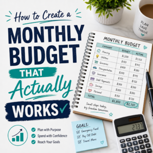 Monthly budget planning worksheet with calculator, notebook, and pen for practical money management