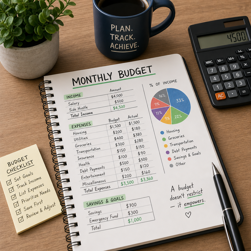 Monthly budget planner with income, expenses, savings goals, and a pie chart for personal finance management