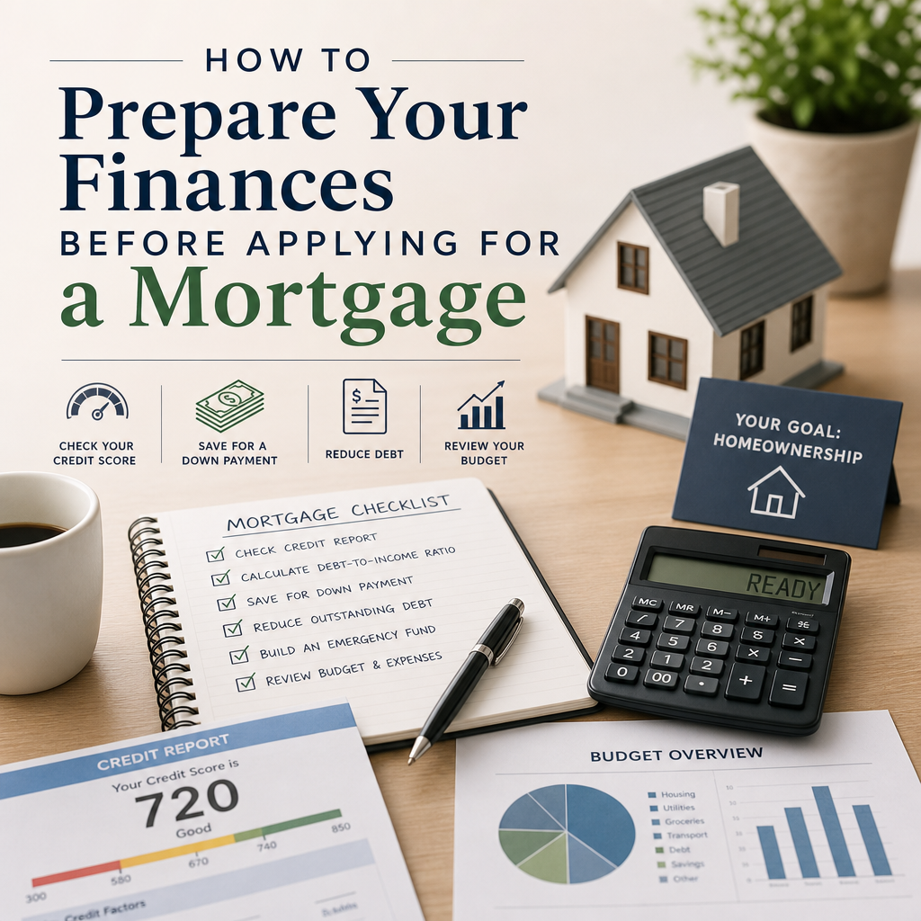 Infographic checklist for mortgage prep with credit report, budget overview, and savings icons